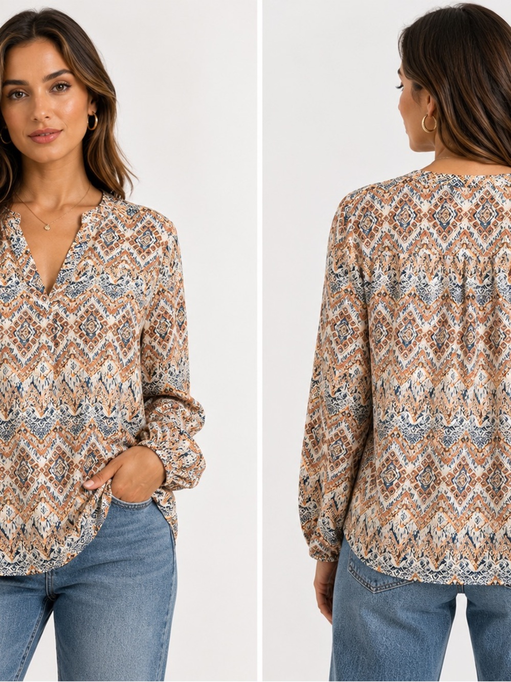Agnes Urban Geometric Print Blouse in Navy & Rust